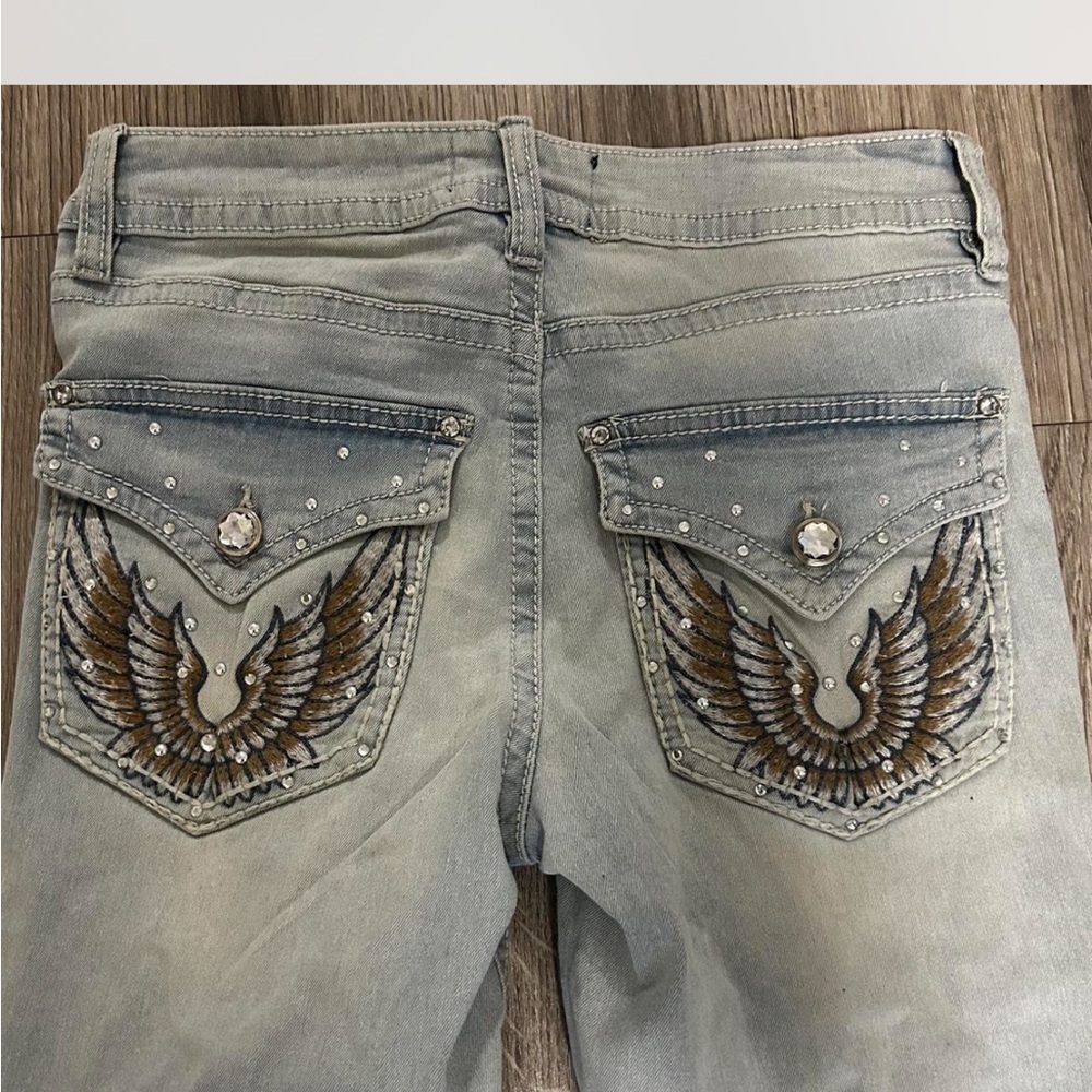Gray Boot Cut Jeans with Intricate Wing Embroidery